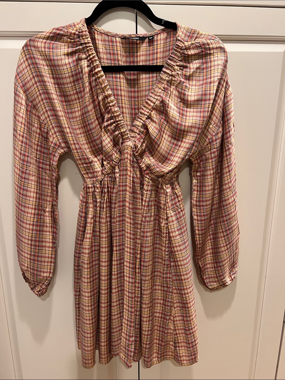 Woman’s Plaid Long Sleeve Dress with Ruffle V-Neck 😃 viscose 🆕